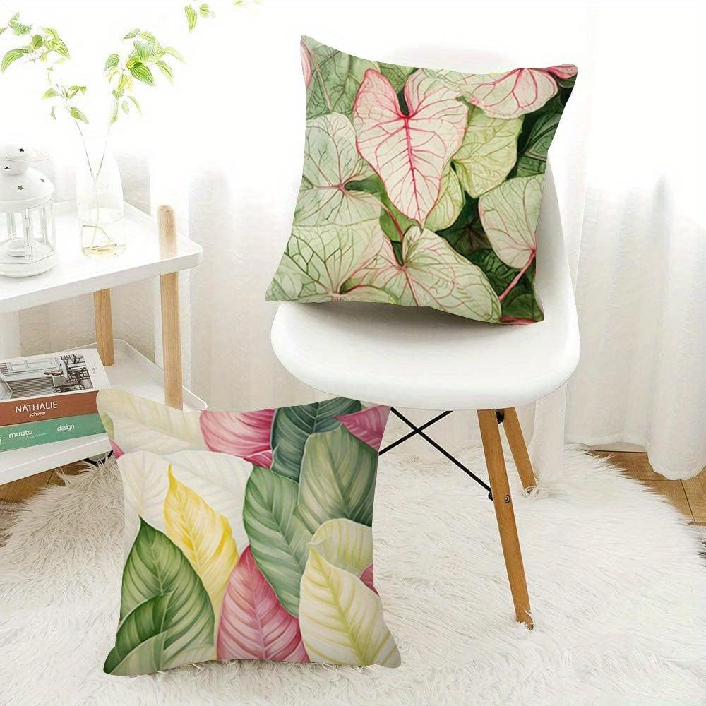 Watercolor Caladium Leaf Throw Pillow Covers, Tropical Pink Green Yellow Leaf Print Cushion Cases, Botanical Modern Home Decor