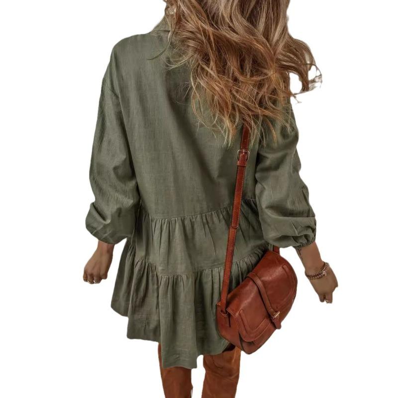 Women's Solid Color Long Sleeve Lapel Button Loose Short Dress