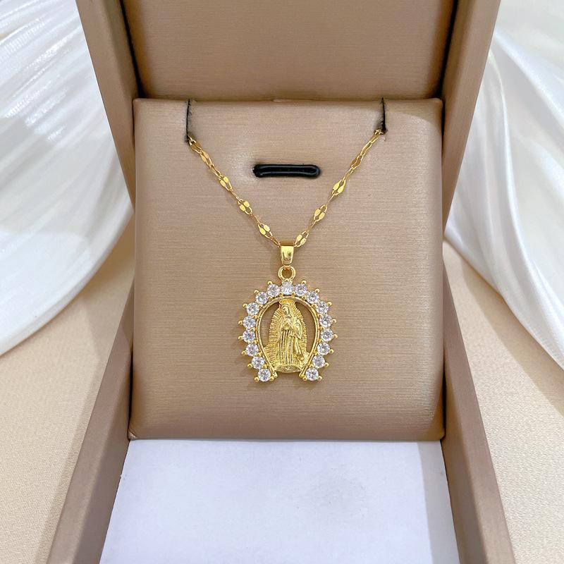 Stainless Steel Chain Classic Luxury Zircon Virgin Mary Pendant Necklace for Women Men Fashion Cool Jewelry Accessories Gifts