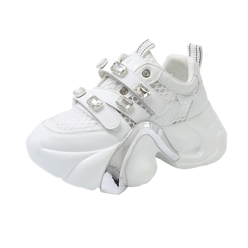 Fashion 8CM High Platform White Shoes Women New 2025 Summer Breathable Mesh Crystal Chunky Sneakers Designer Thick Sole Sports Shoes