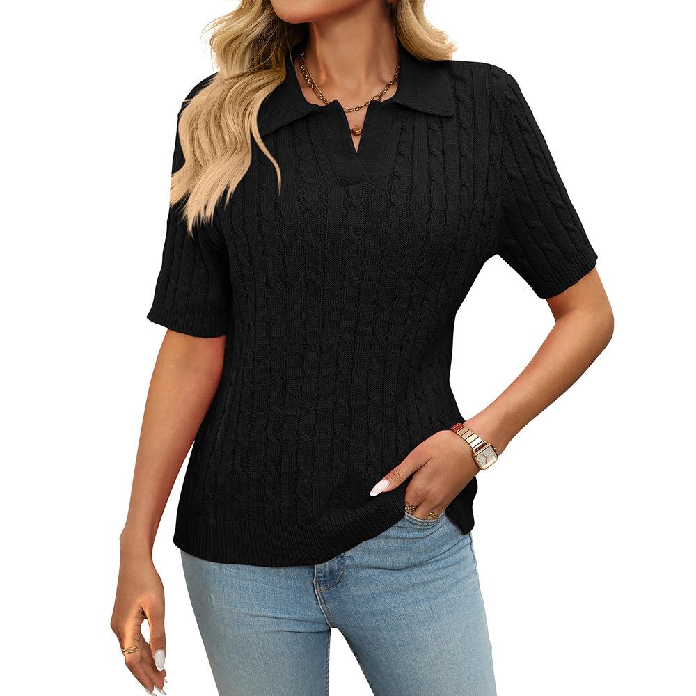 2025 Summer Women's Short Sleeve Lapel Collar V-Neck Cable Knit Pullover Sweater, Casual Chic Knitted Top for Daily & Office Wear