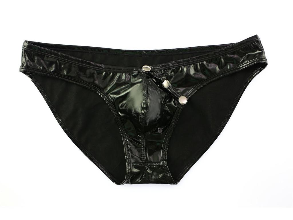 Herren Glänzende Kunstleder Slips mit Metallschnalle und U-Beutel-Design, Hüfttief, Europäische Größe.