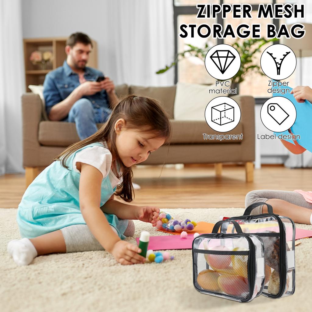 4PCS Clear PVC Organizing Bag Waterproof Zippered Toy Storage Bag Large Capacity Block Organizer Case with Mesh Side Pocket
