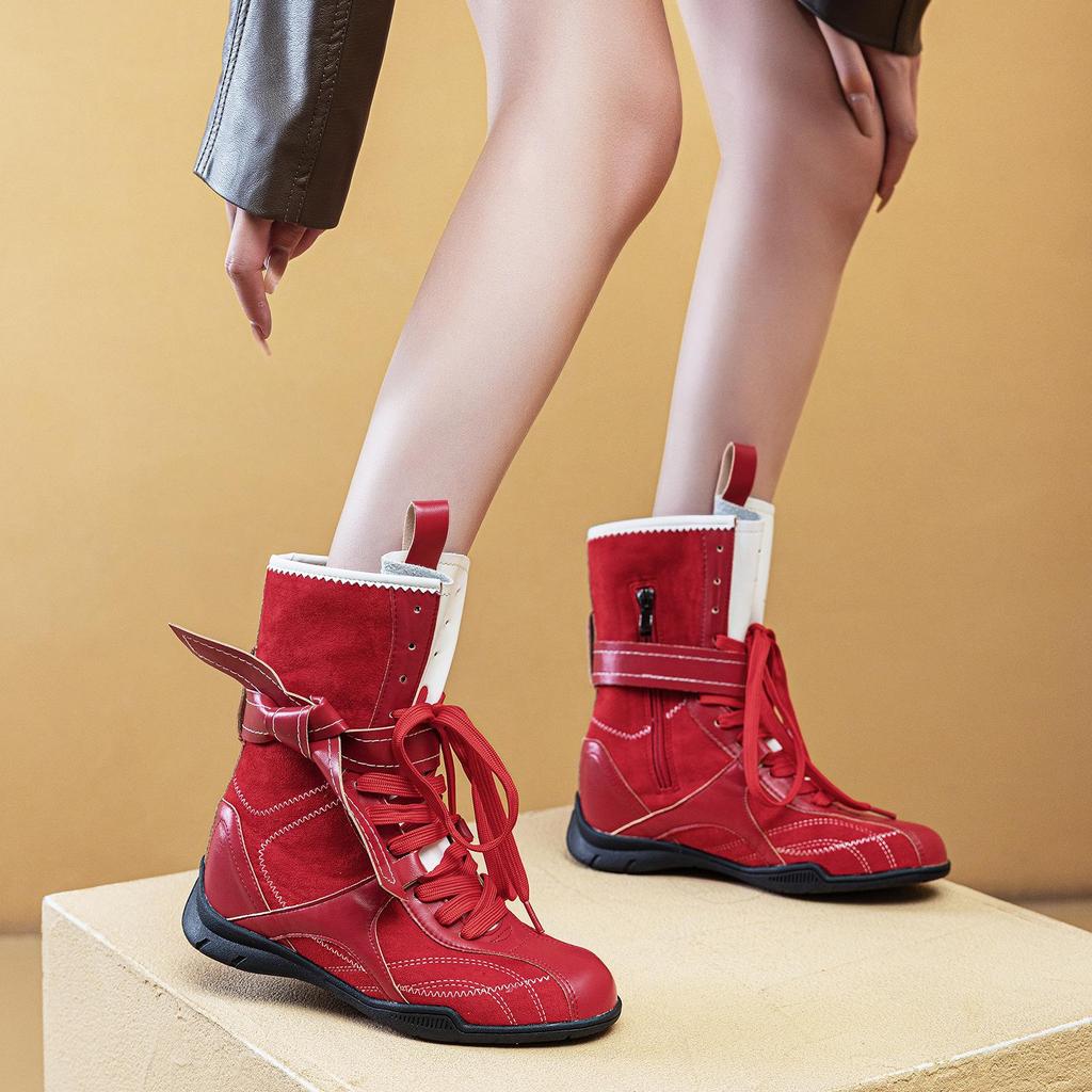 Women's Retro Martin Mid-Calf Leather Boots - Small Size, Brown, Thick Sole, Fall 2025 Edition