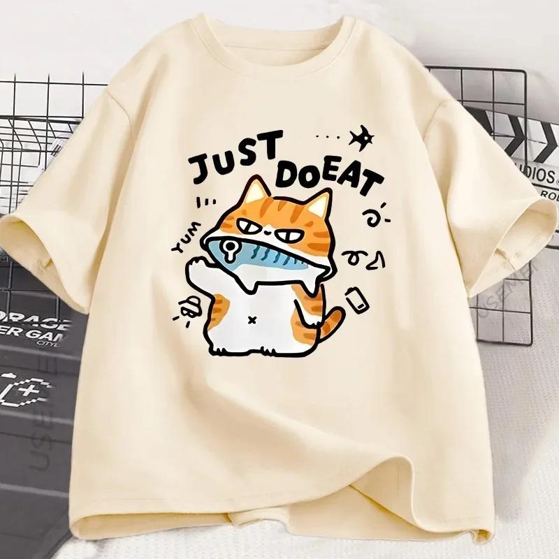 Funny Cat Eat Fish T-shirt for Women Summer Tops Tshirts O-neck Women Clothing Streetwear Short Sleeve T Shirt