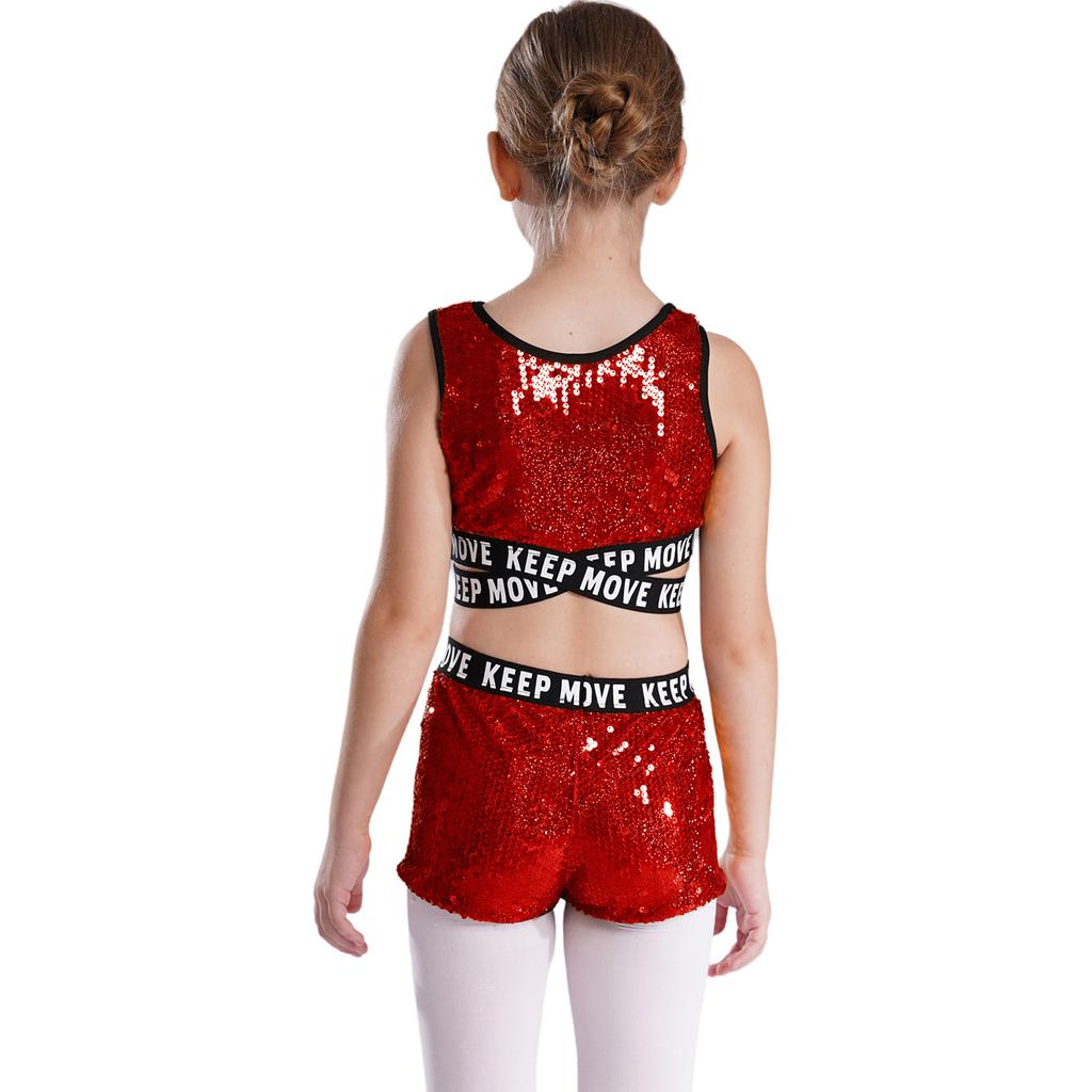 Kids Girls Sparkling Sequins Dance Clothes Set Sleeveless Criss Cross Straps Crop Top with Shorts