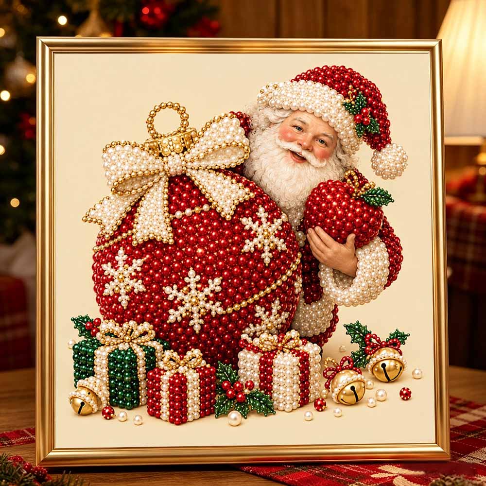 Sparkling Framed Pearl Painting Kit DIY with Santa Claus Holding Christmas Ornament 3D Bead Art Canvas Ready to Display Home Wall Decor Gift