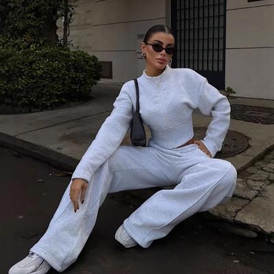 European and American Casual Women's Clothing Fashion Waist Sexy Zipper Cardigan Jacket Lace-up Trousers Spring and Autumn Two-piece Set
