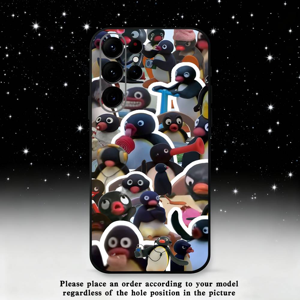 Cute P-Pingu Penguin Phone Case For Samsung S25,S24 Ultra,S20,S30 plus,S22 plus,S23,S30 Ultra 5G Silicone Black Shell