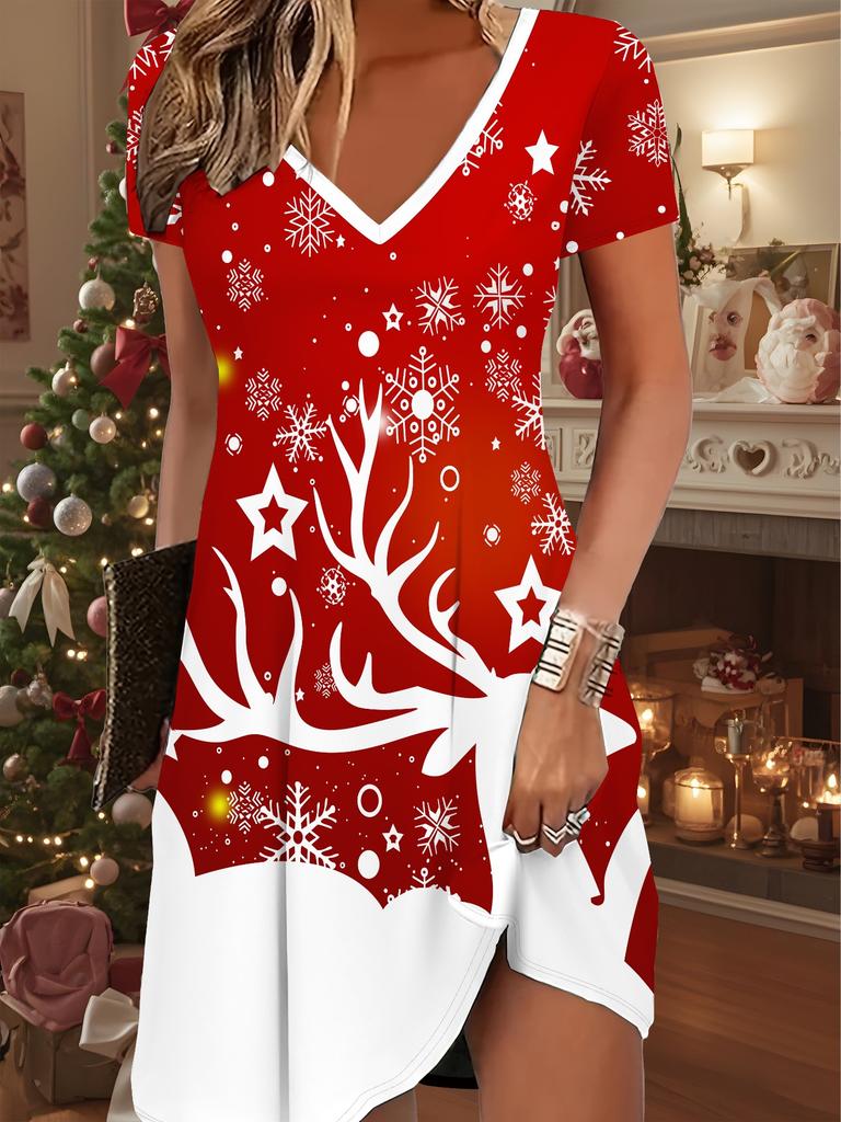 Mada Moteriškas V formos iškirpimas Trumpomis rankovėmis Kalėdų Sniego senio rašto Suknelė Seksuali Trumpa sijono suknelė