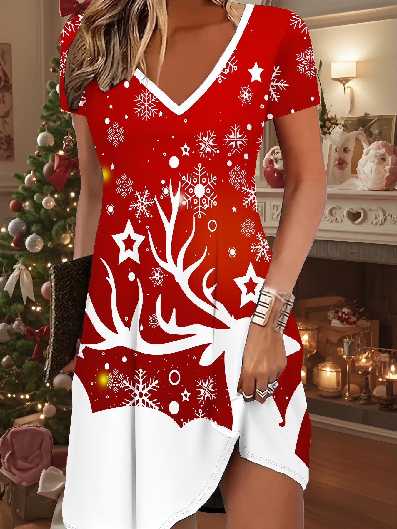

Модное женское платье с V-образным вырезом и коротким рукавом, с принтом рождественского снеговика, сексуальное короткое платье 8XL красный