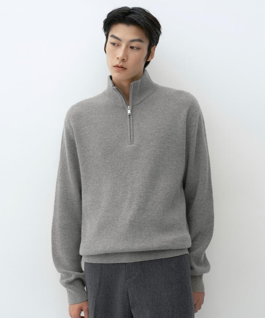 Musinsa Standard [Victoria Wool] Minimal Ribbed Quarter Zip Sweater [Melange Light Grey]