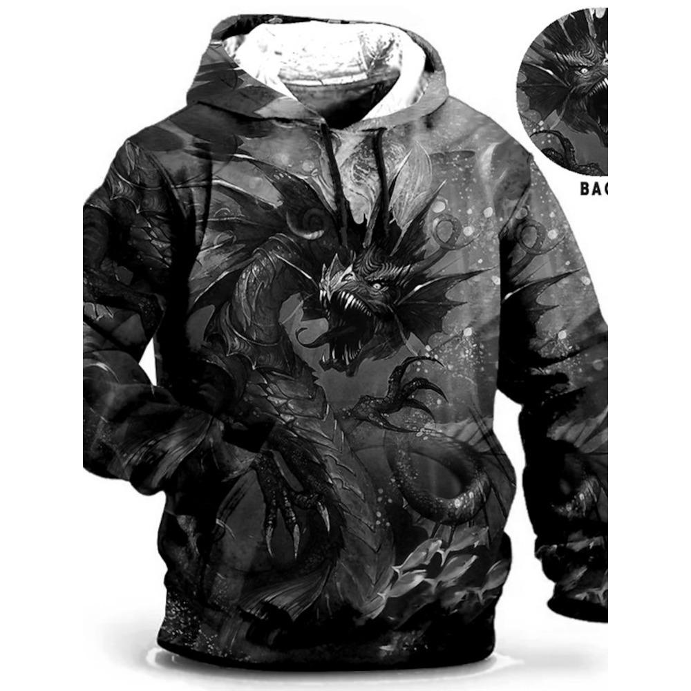 Pánská mikina s kapucí draka na čínský Nový rok s grafickým zvířecím potiskem Denní klasický 3D svetr Streetwear Mikiny s dlouhým rukávem, s kapucí