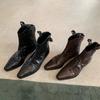 Fashionable Pointed V-mouth Retro Denim Leather Slim Boots with Thick Heels and Wrinkled Western Style Short Boots for Women