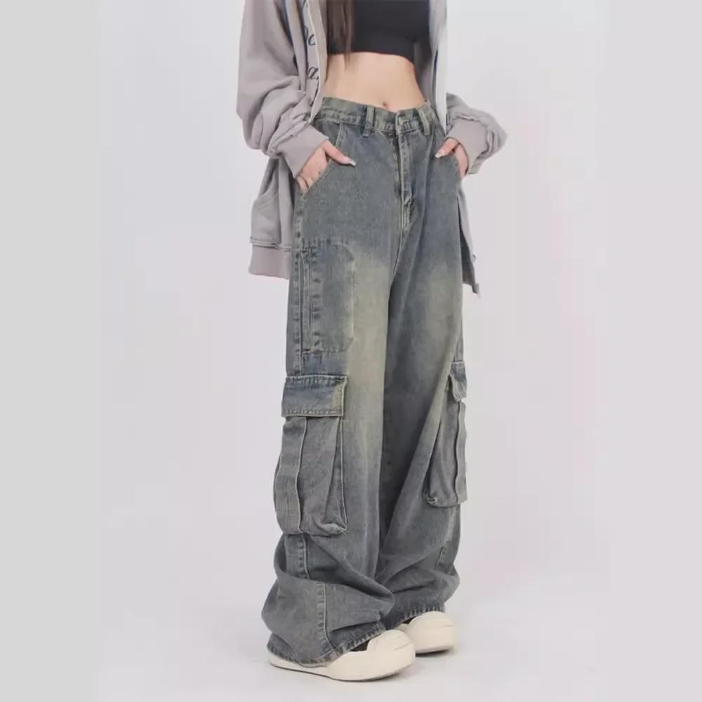 Unisex Retro Distressed Multi-Pocket Jeans: High Street Casual Overalls