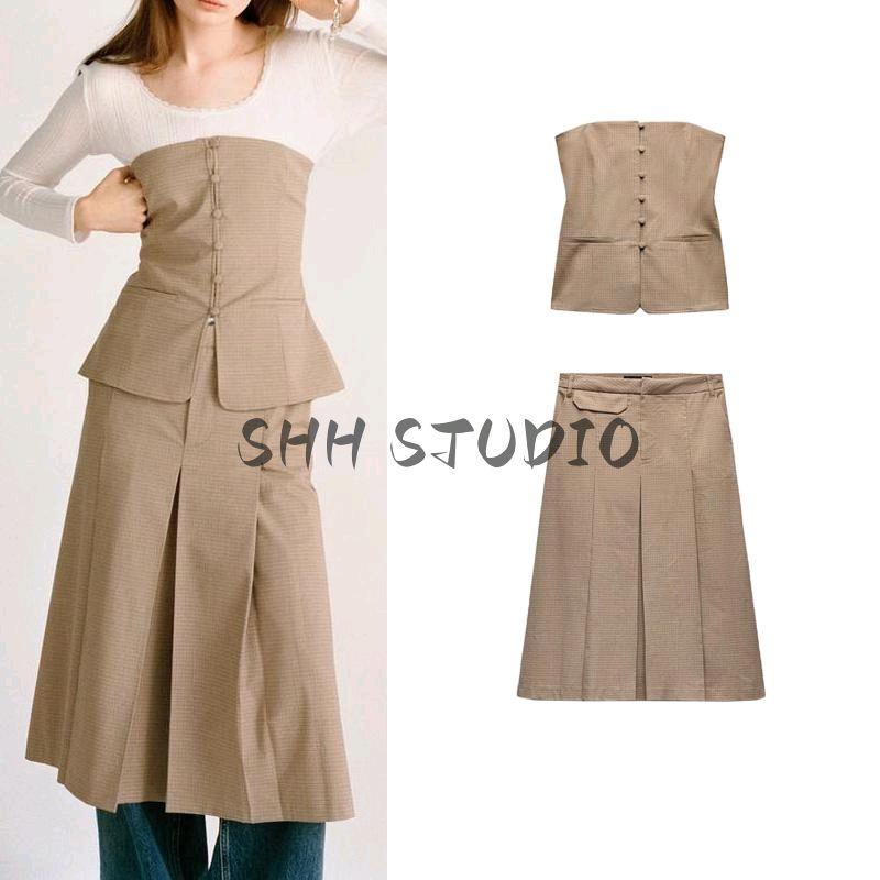 Spring New Wide Pleat Plaid Midi Dress 3152401 Tube Top Straight Collar Strapless Sleeveless Top 3067002