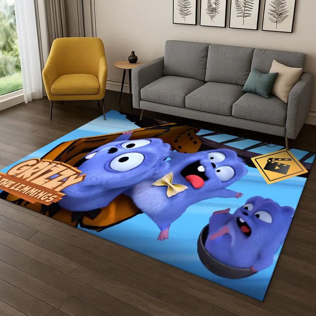 3D Grizzly und die Lemminge Cartoon Teppich für Schlafzimmer Wohnzimmer Sofa Heimdekoration, Kinder Spielbereich Teppich Rutschfeste Matte Geschenk