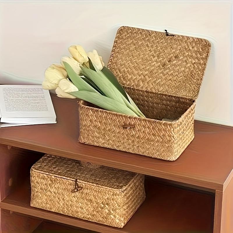 Hand-Woven Storage Basket with Lid - Rustic Organizer for Makeup, Desk & Office Supplies. Perfect Gift Box.