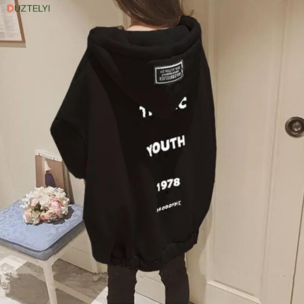 DUZTELYI Loose Cute Top for and DU834 Women's Fleece-Lined Hoodie, Fit, Oversized, Zip-Up Hoodie, Casual, Spring, Autumn, Winter, (JP, Alphabet, M,