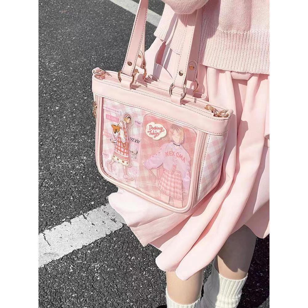

JIAERDI Japanese Sweet Cute Tote Bag Women Anime Merch Plaid Transparent Ita Bag Ladies Campus JK Style Large Capacity Handbag 30x21x11cm рожевий