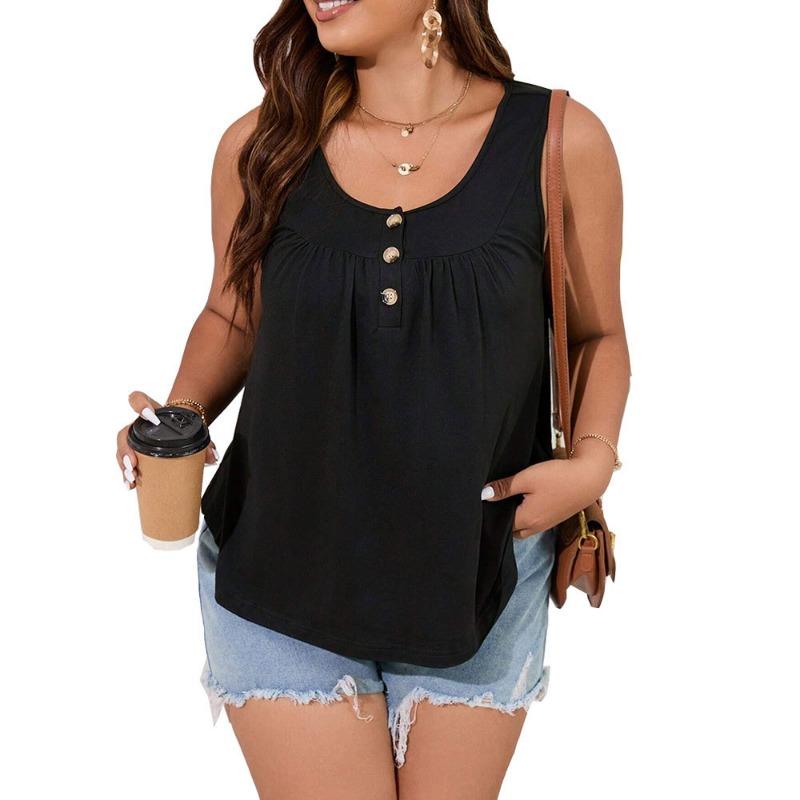 

Летние повседневные блузки на пуговицах на пуговицах, женские шикарные свободные посадки без рукавов, плиссированные майки с U-образным вырезом, укороченный топ больших размеров, пригородный укороченный топ 3XL чёрный