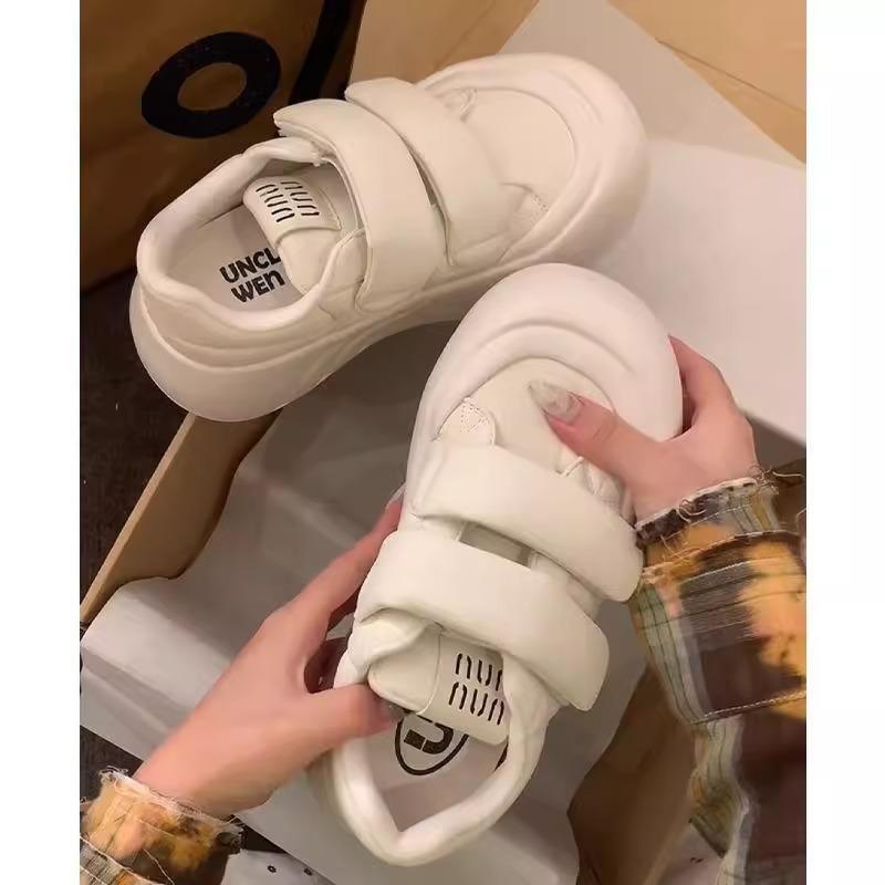 Round Head Thick Sole Big Head Shoes Women's Spring Velcro Casual Shoes Ugly Cute Sports Shoes Height Increase Versatile Little White Shoes