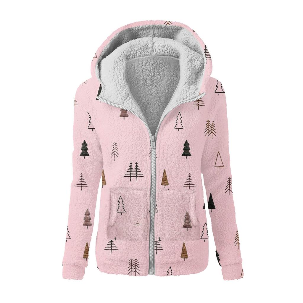 Sweatshirt med løs hette i plysj med glidelåsjakke for kvinner