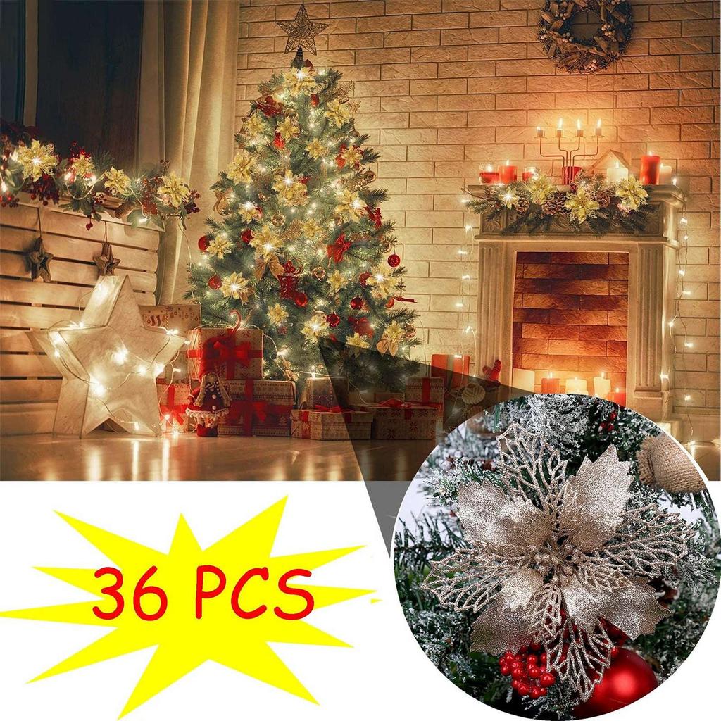 Set Of 36 Pcs Christmas Poinsettia Flowers Ornaments Glitter Floral Accessories Xmas Wreath Tree Decorations For Party Home Wedding