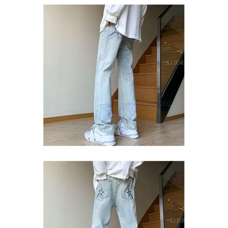 Calças estilo americano vibe high street bordado azul claro estrela jeans design masculino senso calças retas