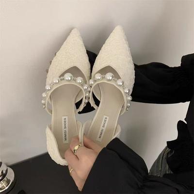 2024 New Black High Heels New Pumps Stiletto Pointed Toe Pearl Anklets High-end Shoes Fashionable Comfortable Women's Shoes