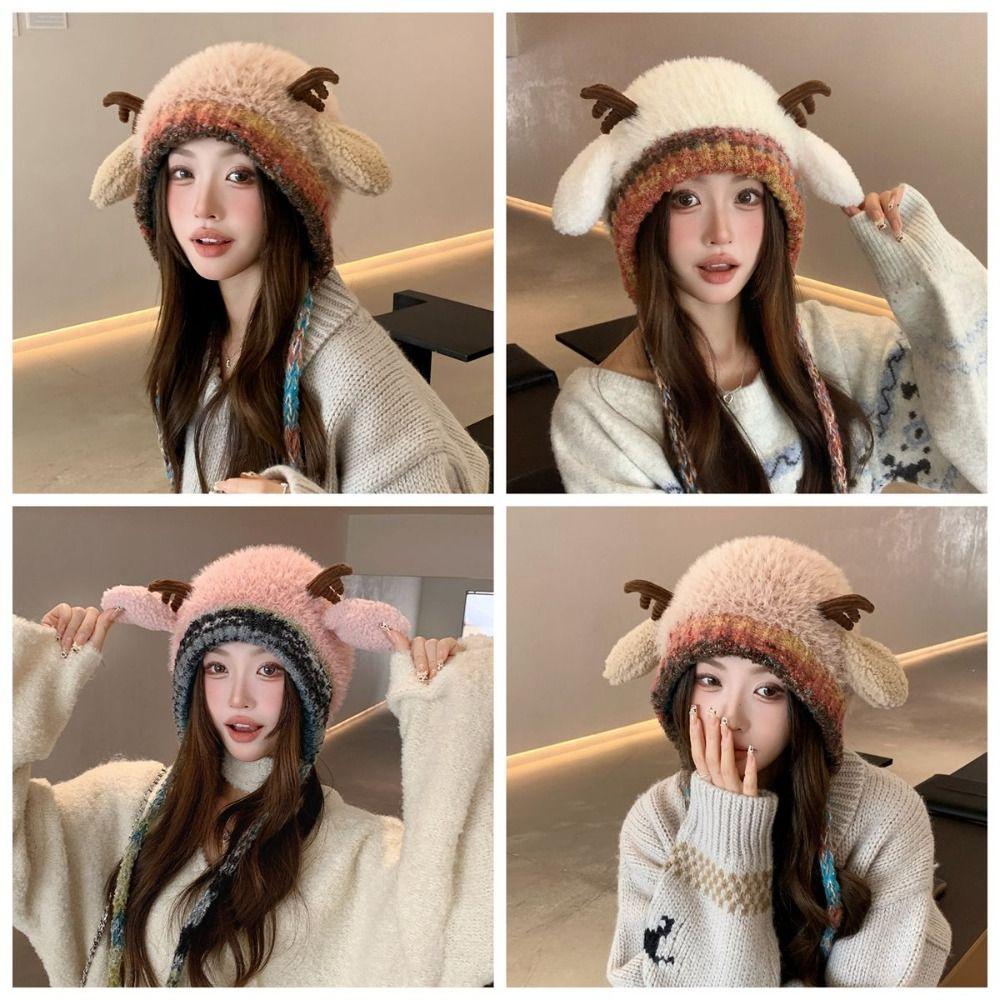 New Fur Deer Storage Hat Ear Protection Windproof Festival Christmas Antler Hat 2 In 1 Warm Knitted Deer Antler Hat Outdoor