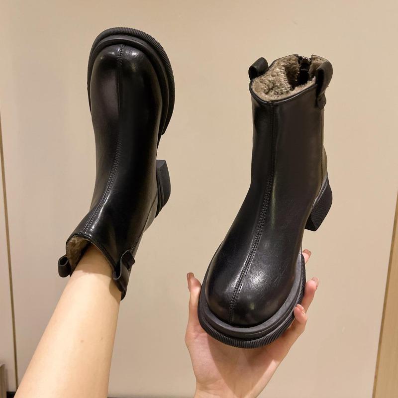 Novas Botas de Tornozelo Femininas Moda Feminina Salto Quadrado Sapatos de Salto Baixo Botas de Senhora Couro Mulher Salto Baixo Manter Quente Botas de Tornozelo
