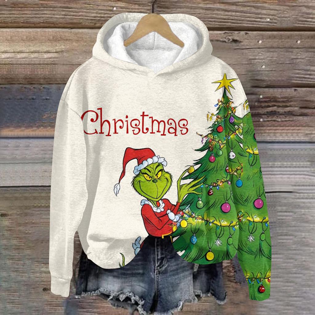 Ladies' Christmas Greentown Print Casual Long Sleeved Hooded Sweatshirt Top