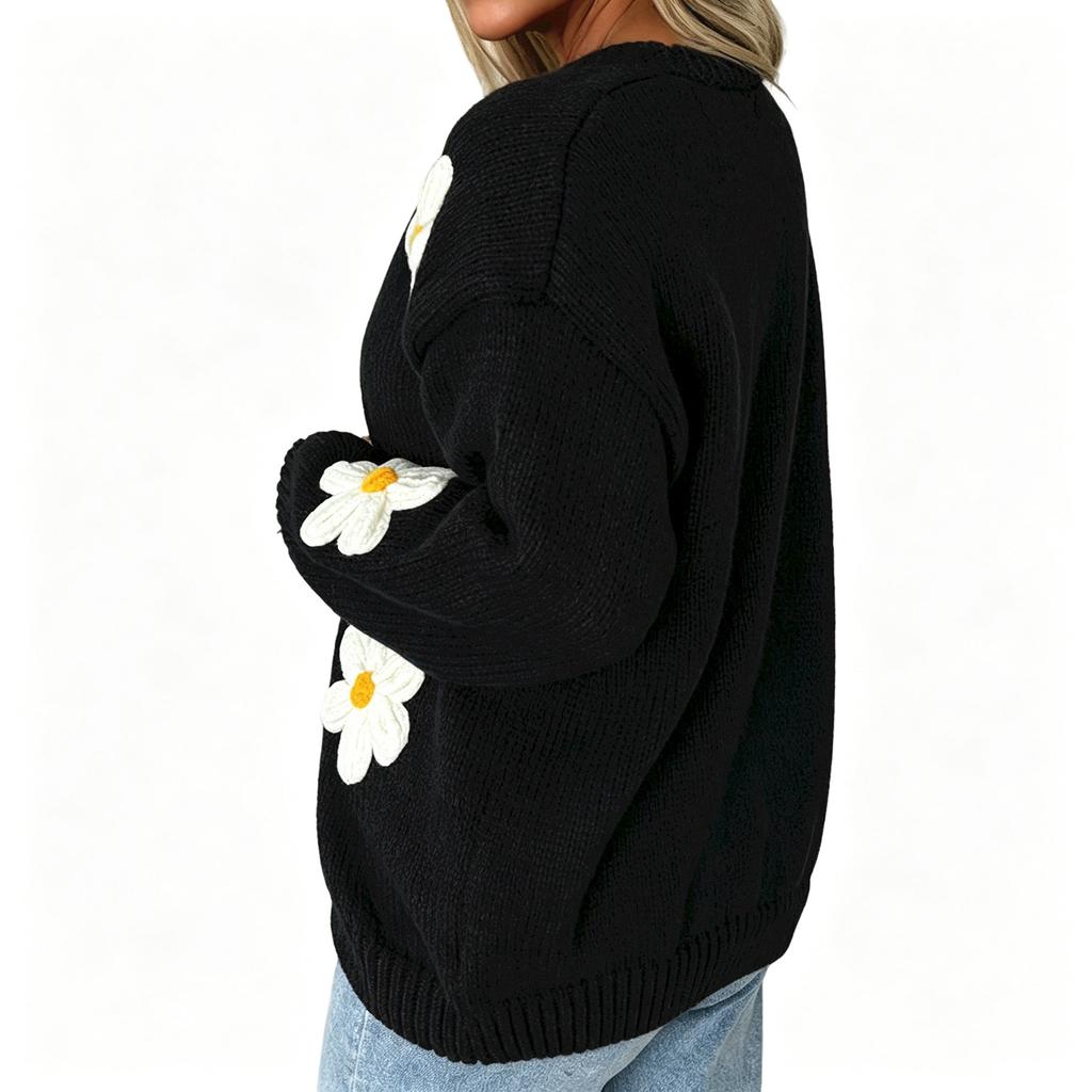 Damen Strickjacke Lockerer Schnitt Farbe mit Großem Blumendruck für Lässige Alltagsmode