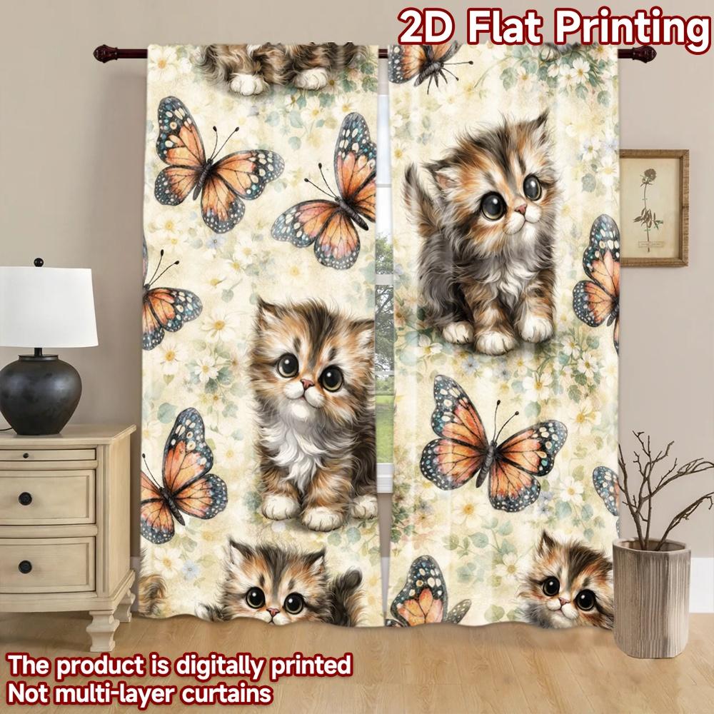 2D flat printing 2pcs Curtain Window Treatment Curtains Kitten and Butterflies Digital Printed Polyester Drapes Festive Curtains