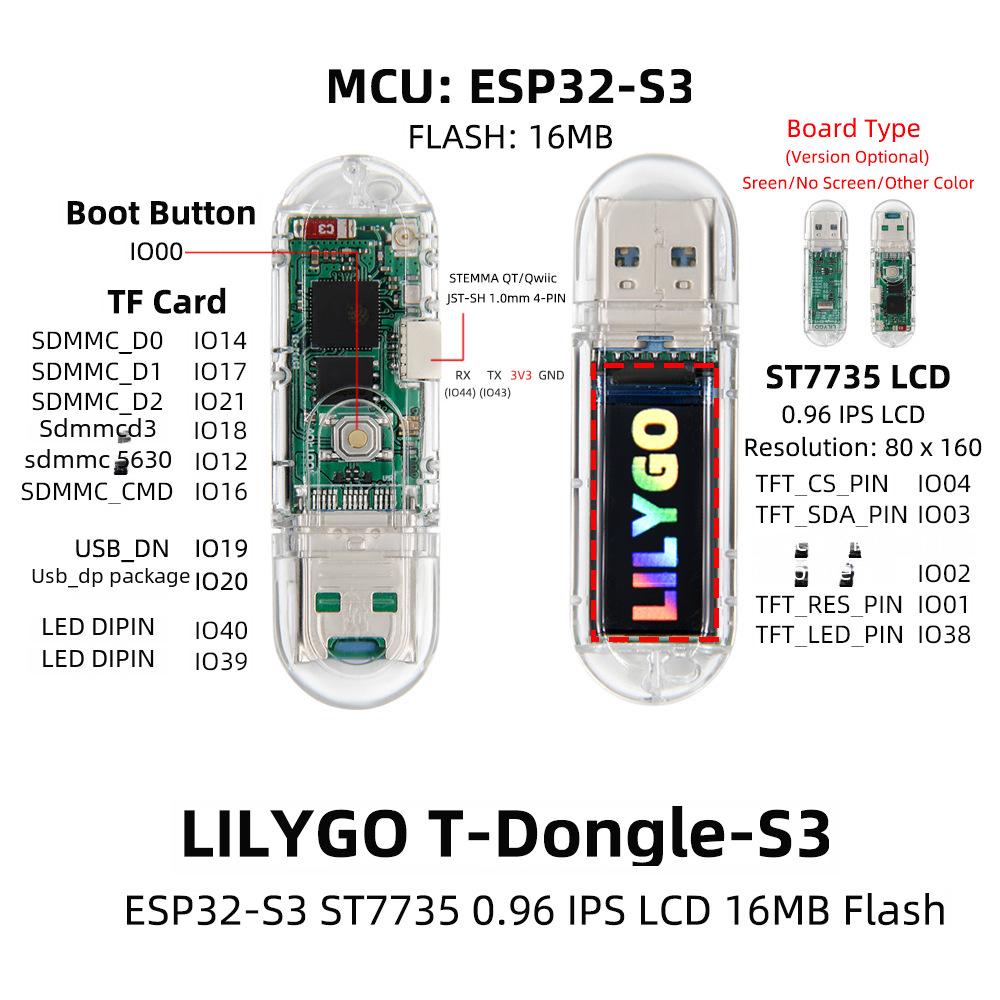 Placă de dezvoltare LILYGO® T-Dongle-S3 cu LCD de 0,96", WiFi, Bluetooth și suport pentru card TF