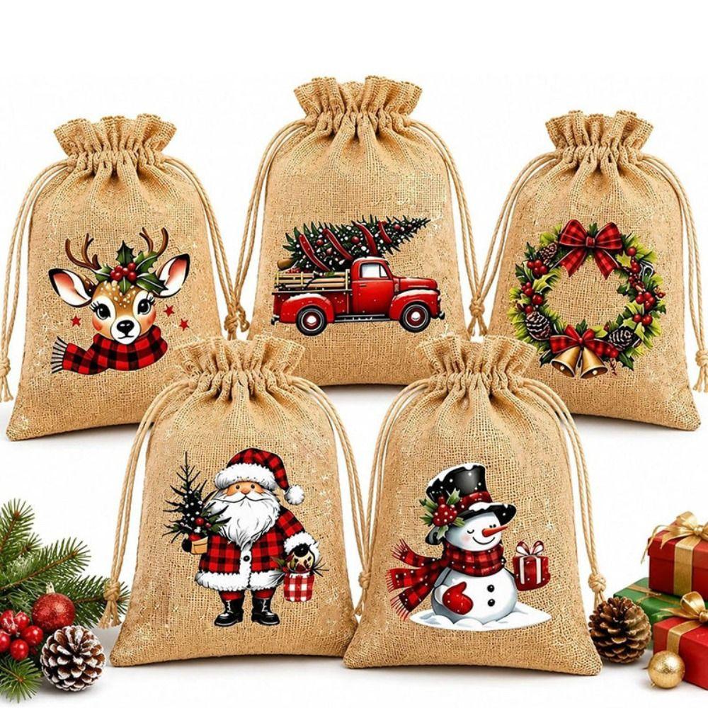 5pcs Reusable Drawstring Gift Bags Rustic Christmas Gift Bags Candy Bags Christmas Party