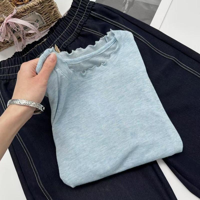 women ruffle trim crew neck t-shirt three-quarter sleeve casual loose fit solid color summer top