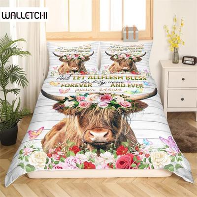 Funda Nórdica Vaca Highland Juego de Cama Animal de Granja Occidental Completo King Para Niños Niñas Microfibra Floral Toro Ganado Funda para Edredón