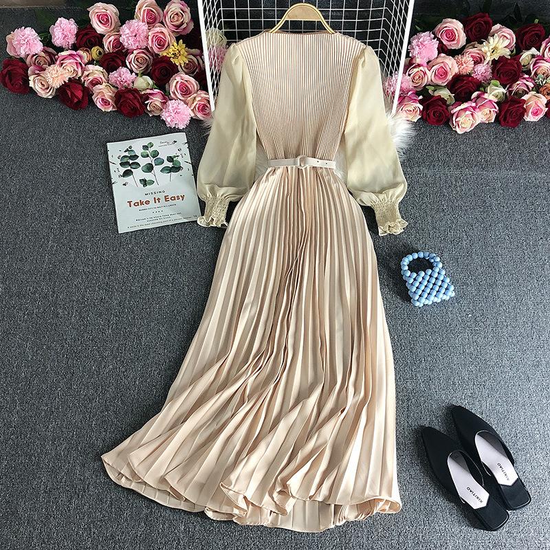 Spring Autumn Women Elegant Long Sleeve A-line Dress Office Lady High Waist Solid Pleated Dress