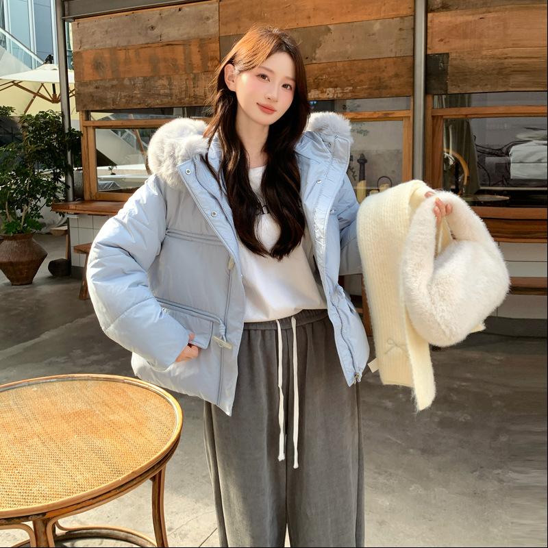 

Короткая хлопковая одежда с большим меховым воротником, женская зимняя, с нишевым чувством дизайна, модная, с высоким чувством стиля, омолаживающая куртка XL синий