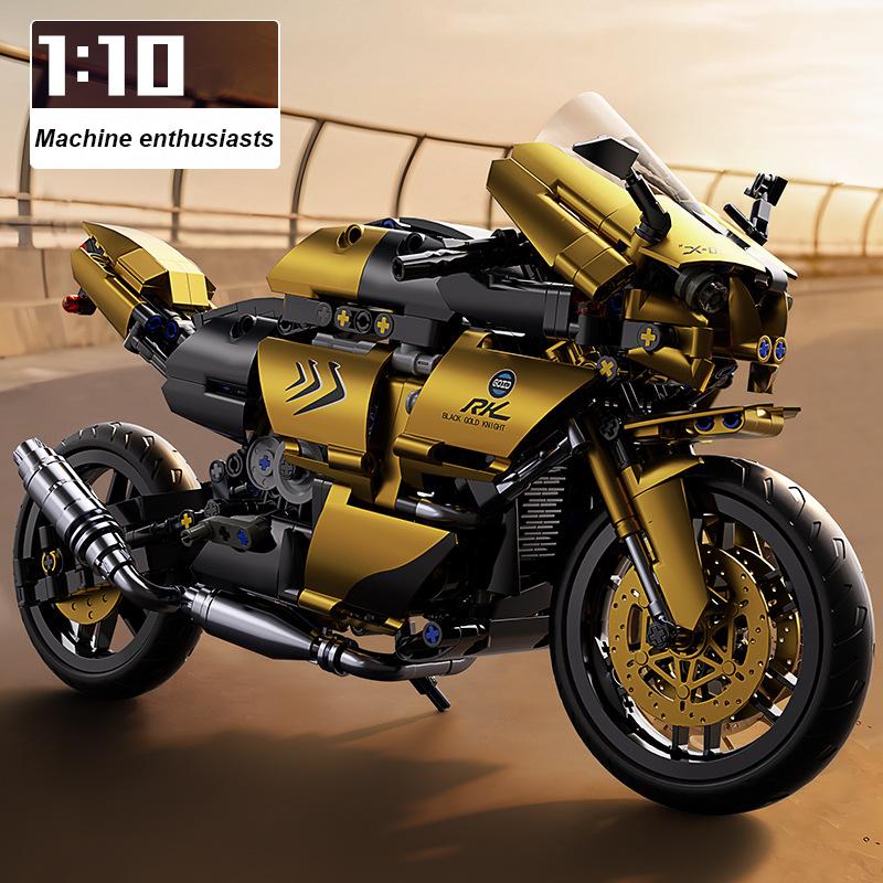 New Black Gold Motorcycle Building Blocks Assembly Cool Collection Display Model Car Kit Boy Children Toy Birthday Gift 1200+pcs