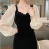 Hepburn Style Dress Women's Early Autumn New French Retro Slim Splicing Bubble Sleeves Black Velvet Dress