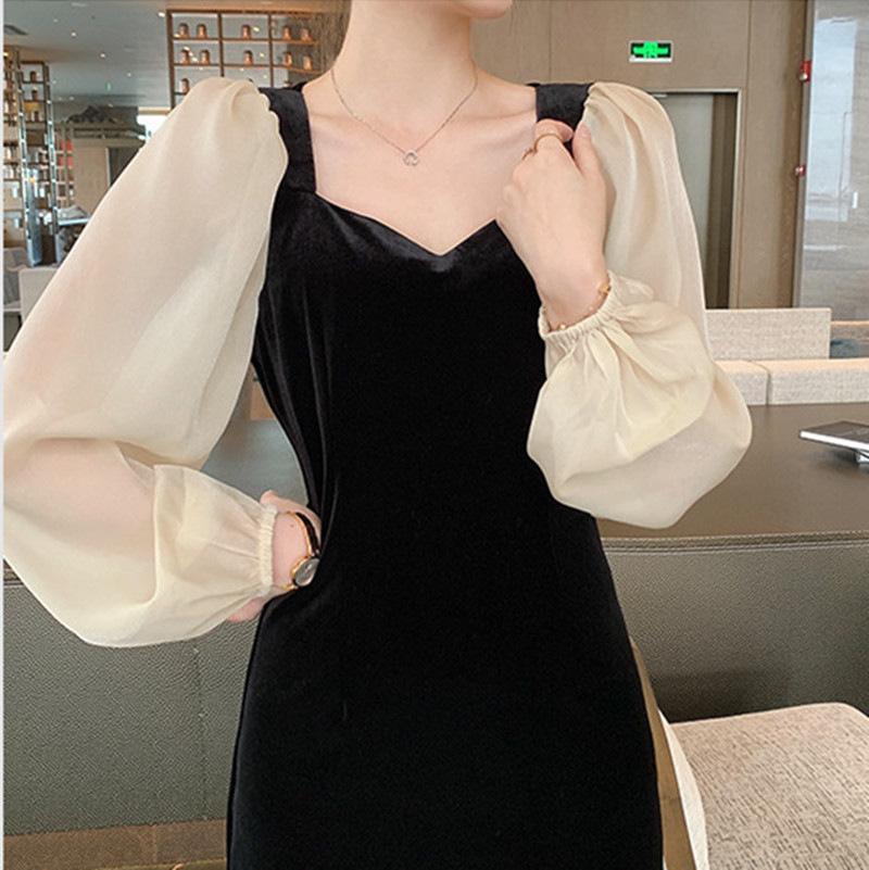 Hepburn Style Dress Women's Early Autumn New French Retro Slim Splicing Bubble Sleeves Black Velvet Dress