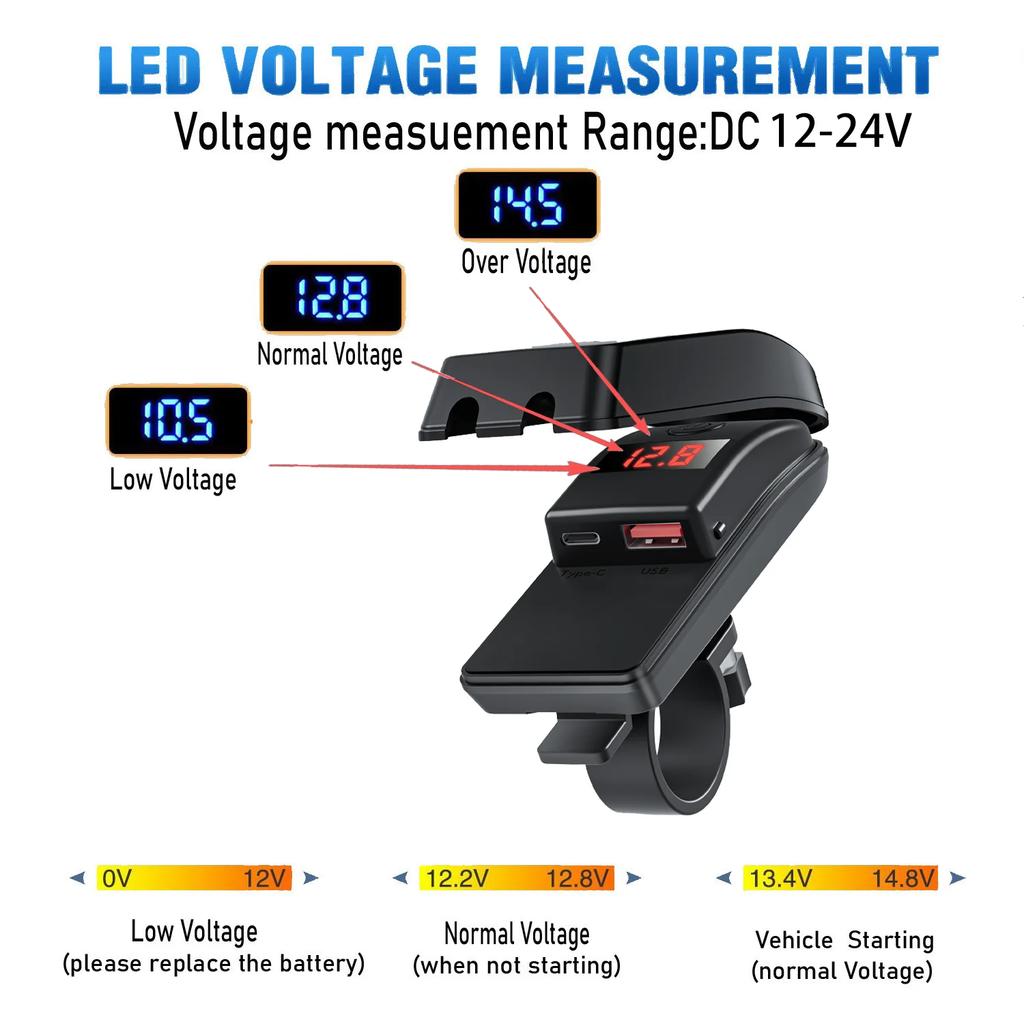 PD QC3.0 Motorcycle USB Charger 12V Waterproof Socket Handlebar Cell Quick Charger Adapter with Voltmeter Motor Accessory