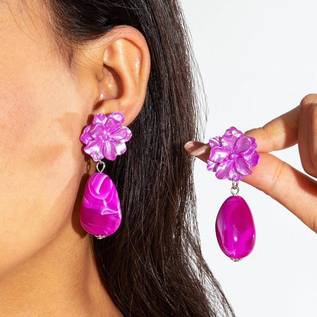 Unique Purple Camellia Stone Pendant Earrings for Women's Jewelry Vacation Matching Earrings