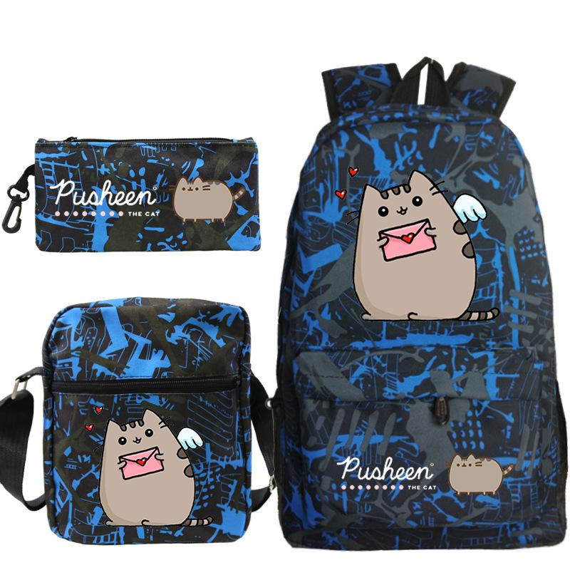 Pusheen fette Katze niedlicher Cartoon bedruckter Schulranzen grenzüberschreitende Studenten tragbare Umhängetasche Federmäppchen dreiteiliges Set
