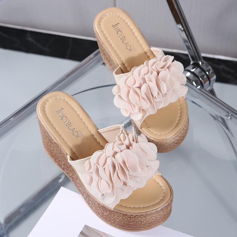 Fashion 2025 Wedges Sandals Women Slippers Summer Beach Platform Shoes Flower Round Headed Solid Color Women High Heel Slippers