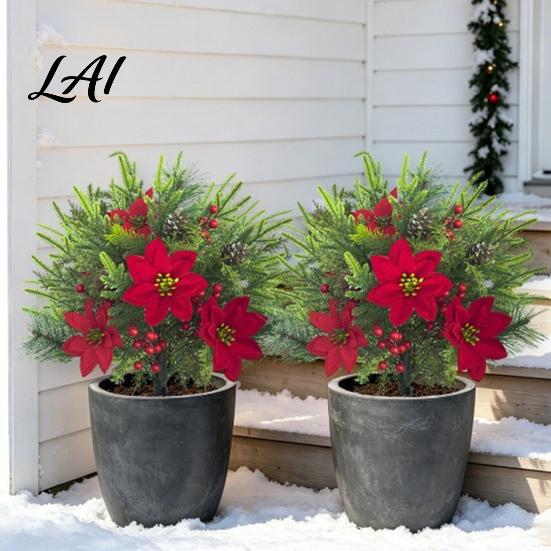 Outdoor Patio Christmas Accents Artificial Poinsettia Flower Yard Stake Red Floral Ground Spike Decor Potted Pine for Weather‑Resistant Fake Plant