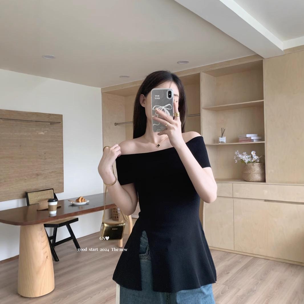 

Топ с открытыми плечами и разрезом в корейском стиле - Летняя коллекция One Size (Recommended for 125 pounds and under) чёрный